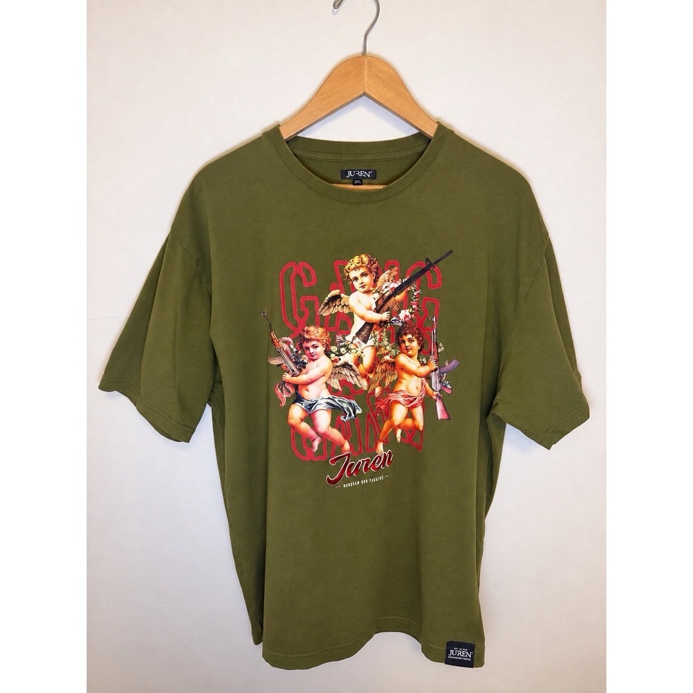 Juren Shirt Mens 2XL Green Cherub Angel Guns Graphic Embroidered Streetwear Tee